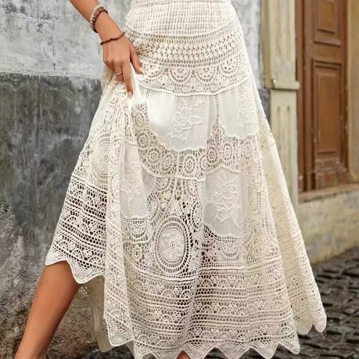Bohemian Hollow Lace High Waist Wide Umbrella Skirt | Women Vacation Casual Bottom