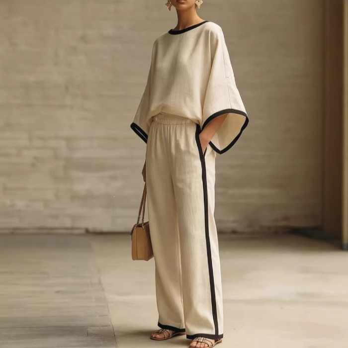 Loose Blouse & Wide Leg Trousers Two Piece Matching Set | Women Summer Casual Daily Outfit