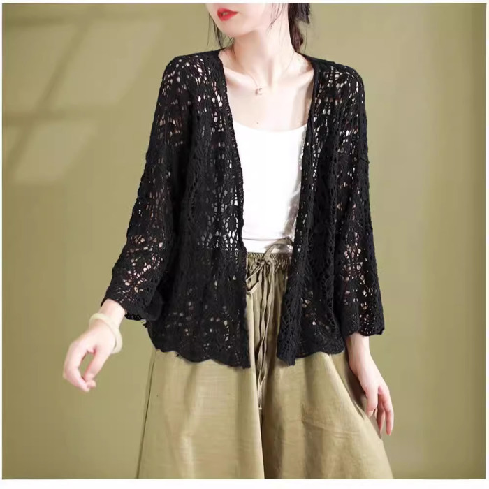 Literary Retro Color-Blocked Hollow Knit Cardigan Shawl | Women Summer Thin Outer Top
