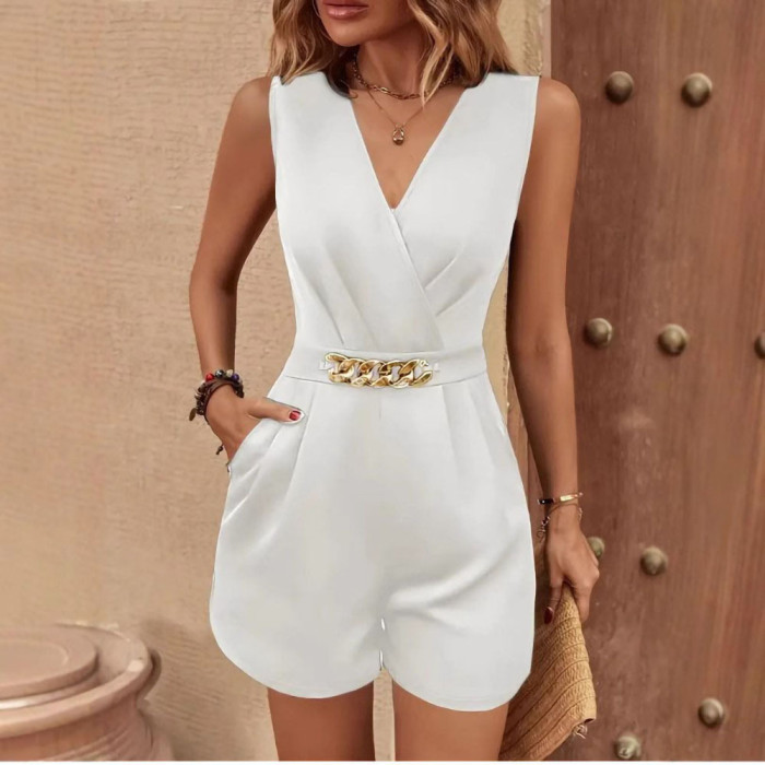 Solid V-Neck Sleeveless Mini Dress With Double Pockets | Elegant Temperament Women Daily Dress