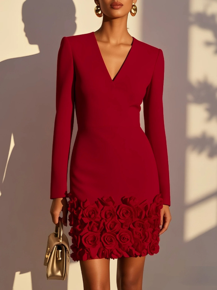 Custom Modern Formal Short Dress Handmade Floral Pleats V-Neck Jersey for Banquet & Business Events