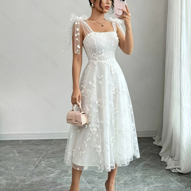 Fairy White Sleeveless Draped Tea-Length A-Line Princess Gown | Elegant Dress For Birthday Parties