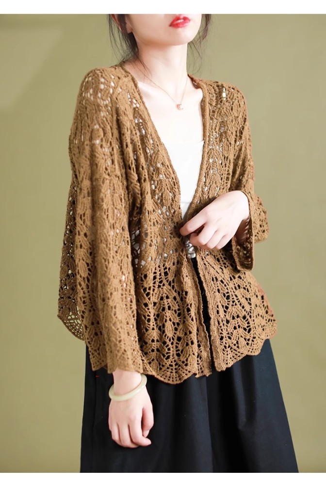 Literary Retro Color-Blocked Hollow Knit Cardigan Shawl | Women Summer Thin Outer Top