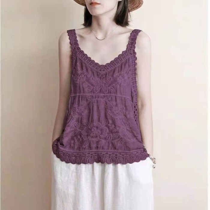Ethnic V-Neck Sleeveless Loose Cotton Camisole | Women Summer Basic Layering Top
