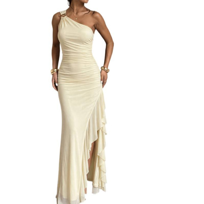 One Shoulder Ruffle Asymmetrical Split Maxi Dress | Sexy Women Nightclub & Party Outfit