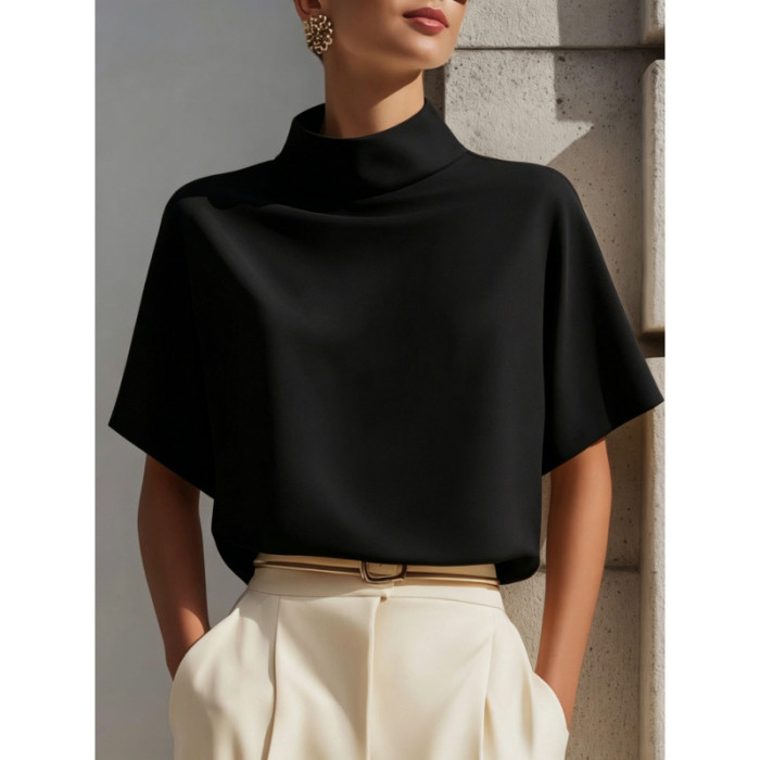 Elegant Commuter Stand Collar Short Sleeve Silk Polyester Shirt for Daily Office Wear