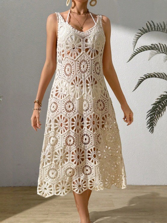 3D Floral Knit Deep V Lace-Up Backless Midi Slip Dress | Women Summer Beach & Dating Outfit