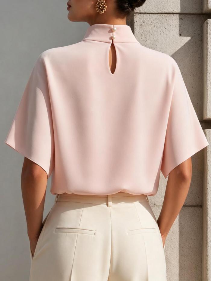 Elegant Commuter Stand Collar Short Sleeve Silk Polyester Shirt for Daily Office Wear