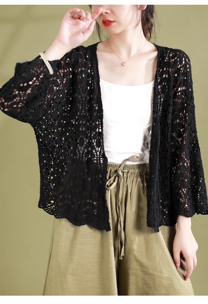 Literary Retro Color-Blocked Hollow Knit Cardigan Shawl | Women Summer Thin Outer Top