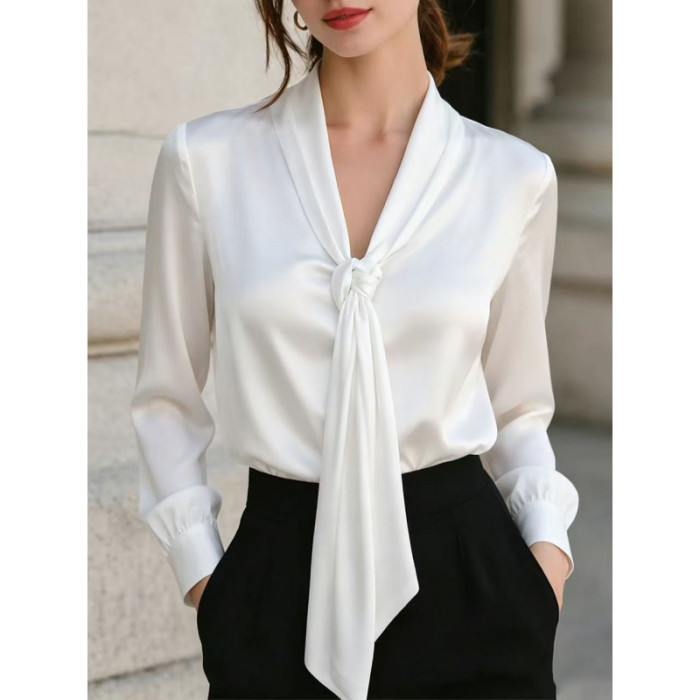 Vintage Lace-Up Long Sleeve Loose White Blouse | Women Commute Daily Top