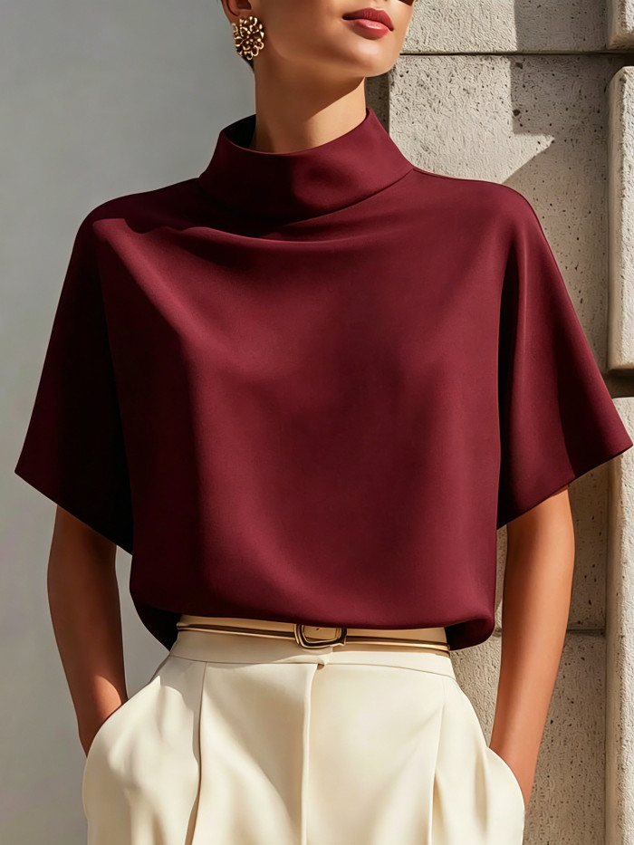 Elegant Commuter Stand Collar Short Sleeve Silk Polyester Shirt for Daily Office Wear