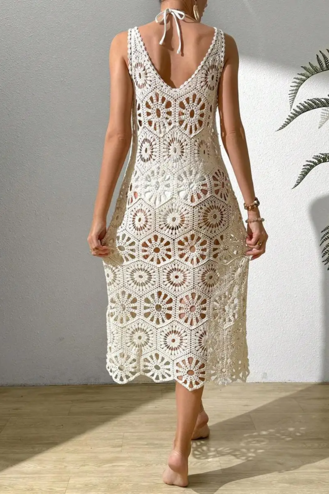 3D Floral Knit Deep V Lace-Up Backless Midi Slip Dress | Women Summer Beach & Dating Outfit