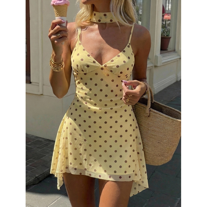 Sexy Backless Mini Dress With Neck Tie Ruched Double Layer Hem For Party Date & Valentine's Day