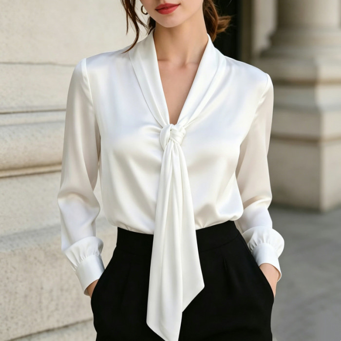 Vintage Lace-Up Long Sleeve Loose White Blouse | Women Commute Daily Top
