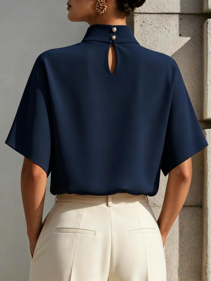 Elegant Commuter Stand Collar Short Sleeve Silk Polyester Shirt for Daily Office Wear