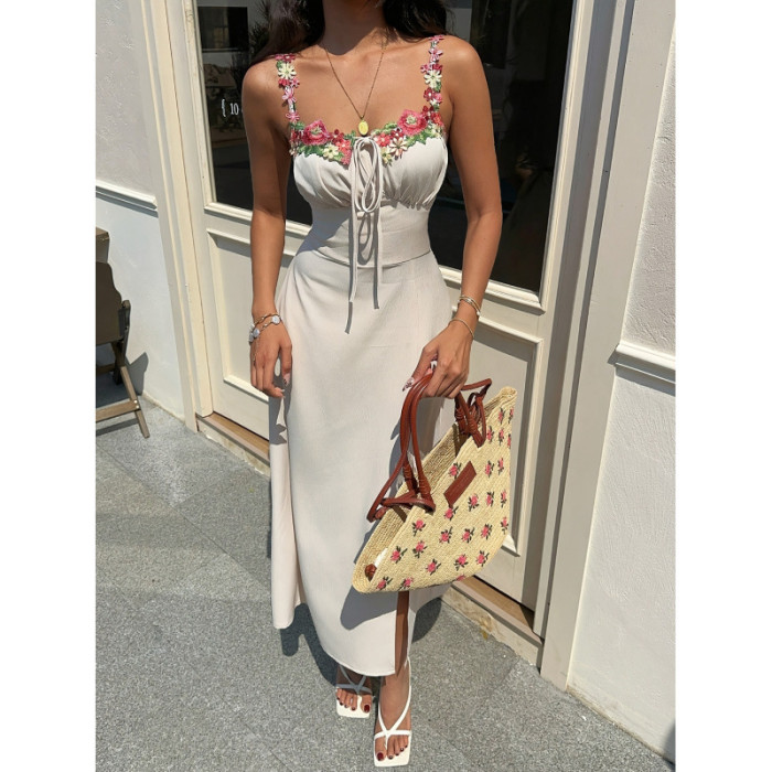 Floral Neck Patch Belted High Waist Slim Maxi Dress | Women Summer Street & Daily Outfit