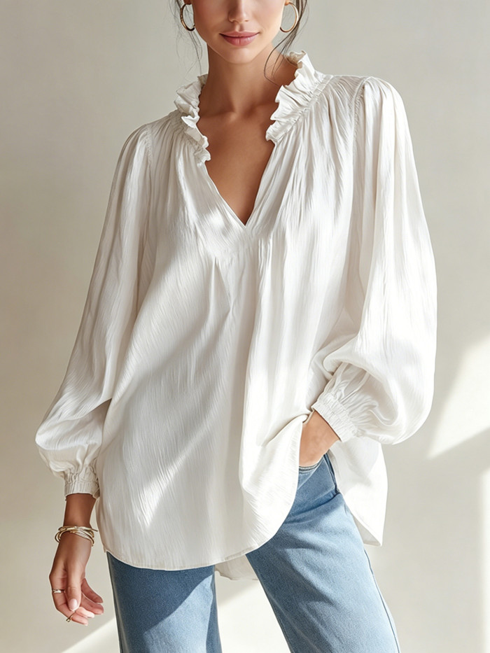 Black White V-Neck Ruffle Long Sleeve Blouse | Elegant Women Daily Tops