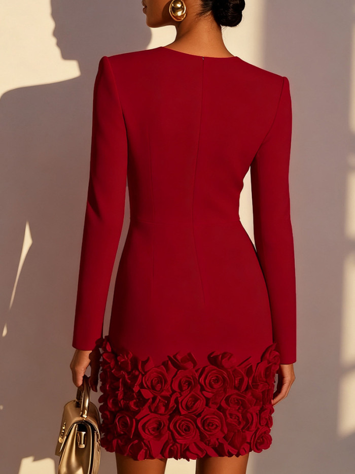 Custom Modern Formal Short Dress Handmade Floral Pleats V-Neck Jersey for Banquet & Business Events