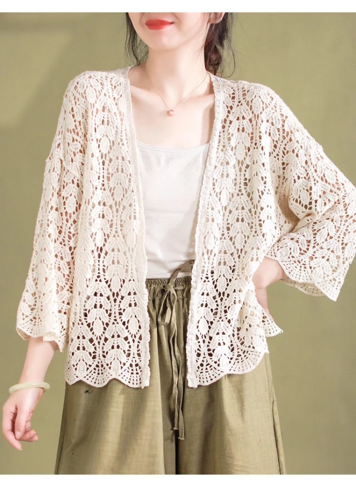 Literary Retro Color-Blocked Hollow Knit Cardigan Shawl | Women Summer Thin Outer Top