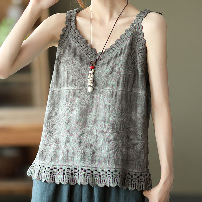 Ethnic V-Neck Sleeveless Loose Cotton Camisole | Women Summer Basic Layering Top