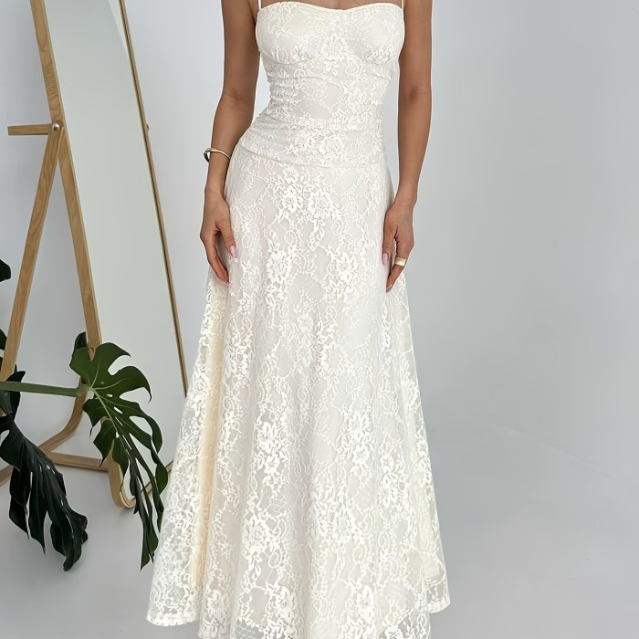 French Romantic Strapless Belted Lace A-Line Maxi Dress | Women Summer Street Elegant Outfit