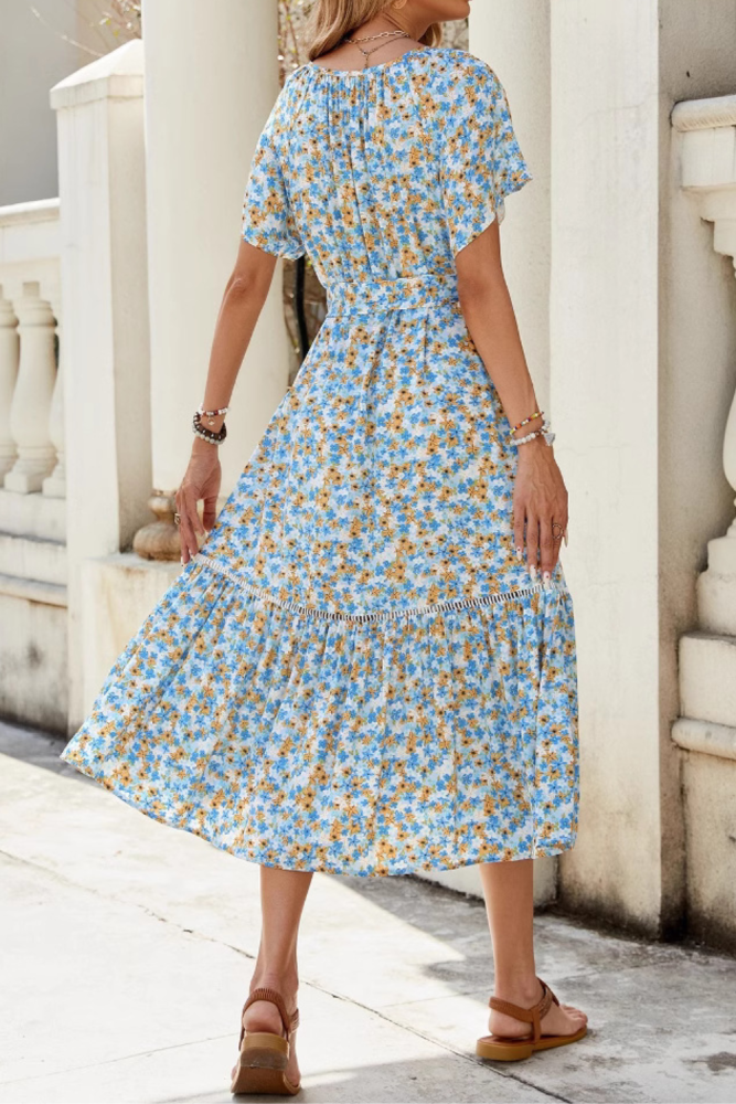 V-Neck Ruffle Patchwork Floral Hollow Out Cotton Midi Dress | Women Fresh Sweet Daily Outfit