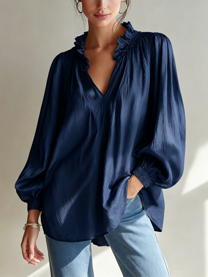 Black White V-Neck Ruffle Long Sleeve Blouse | Elegant Women Daily Tops