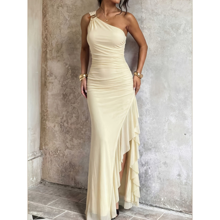 One Shoulder Ruffle Asymmetrical Split Maxi Dress | Sexy Women Nightclub & Party Outfit