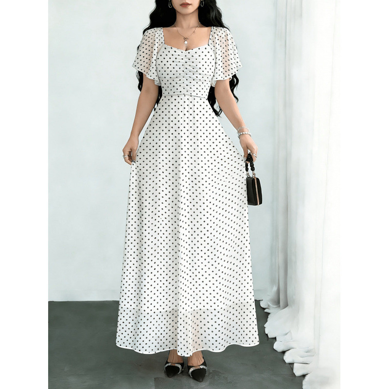 Short Sleeve Square Collar Polka Dot A-Line Maxi Dress | Women Summer Daily & Holiday Outfit