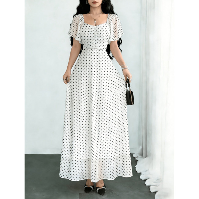 Short Sleeve Square Collar Polka Dot A-Line Maxi Dress | Women Summer Daily & Holiday Outfit