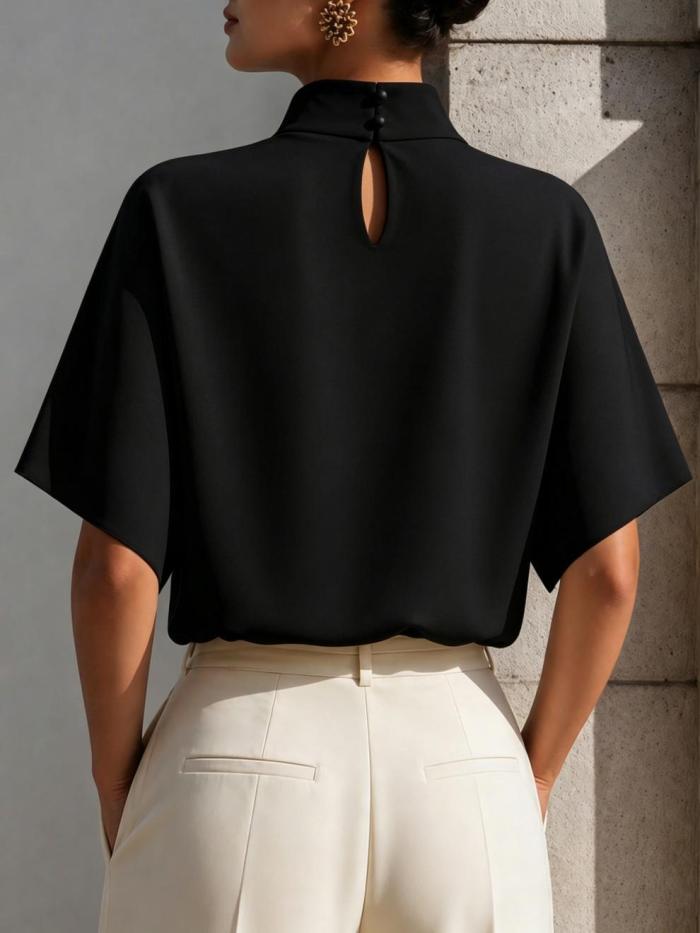 Elegant Commuter Stand Collar Short Sleeve Silk Polyester Shirt for Daily Office Wear
