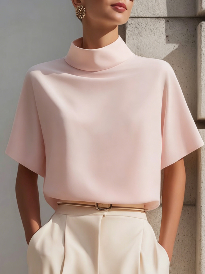 Elegant Commuter Stand Collar Short Sleeve Silk Polyester Shirt for Daily Office Wear