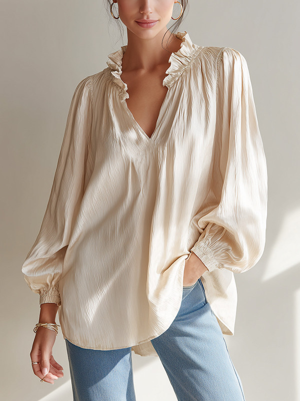Black White V-Neck Ruffle Long Sleeve Blouse | Elegant Women Daily Tops