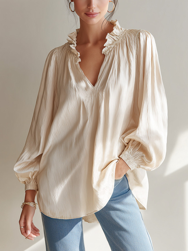 Black White V-Neck Ruffle Long Sleeve Blouse | Elegant Women Daily Tops