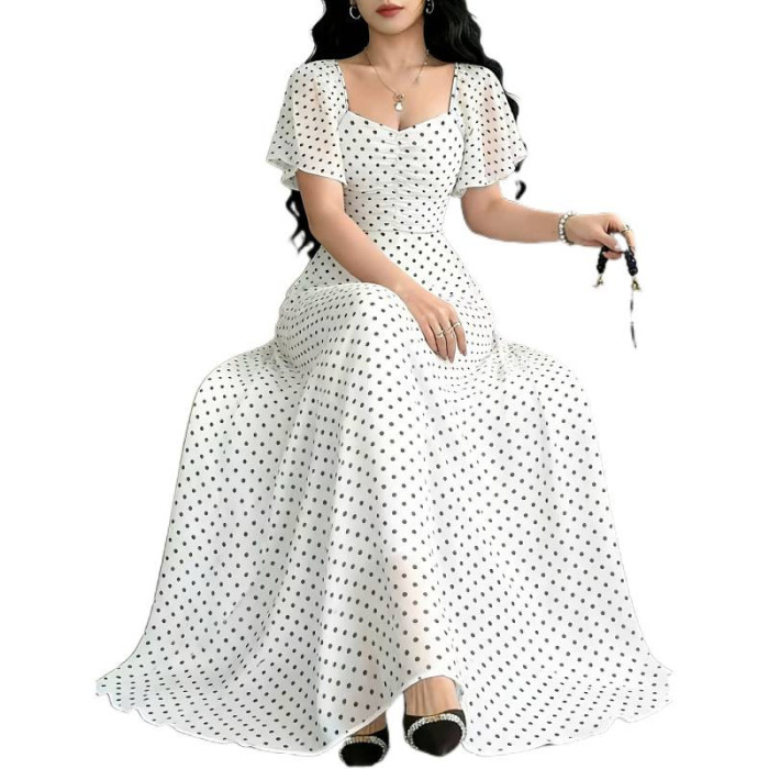 Short Sleeve Square Collar Polka Dot A-Line Maxi Dress | Women Summer Daily & Holiday Outfit