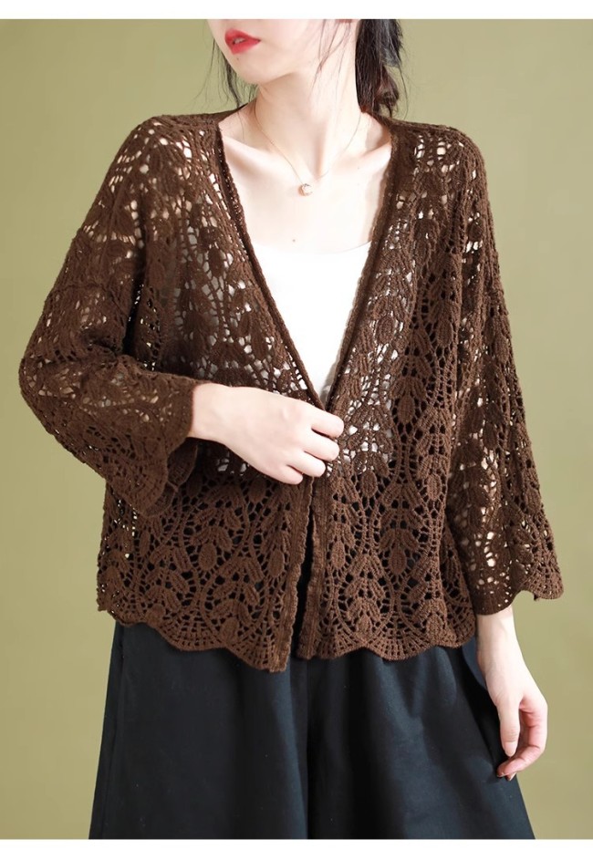 Literary Retro Color-Blocked Hollow Knit Cardigan Shawl | Women Summer Thin Outer Top