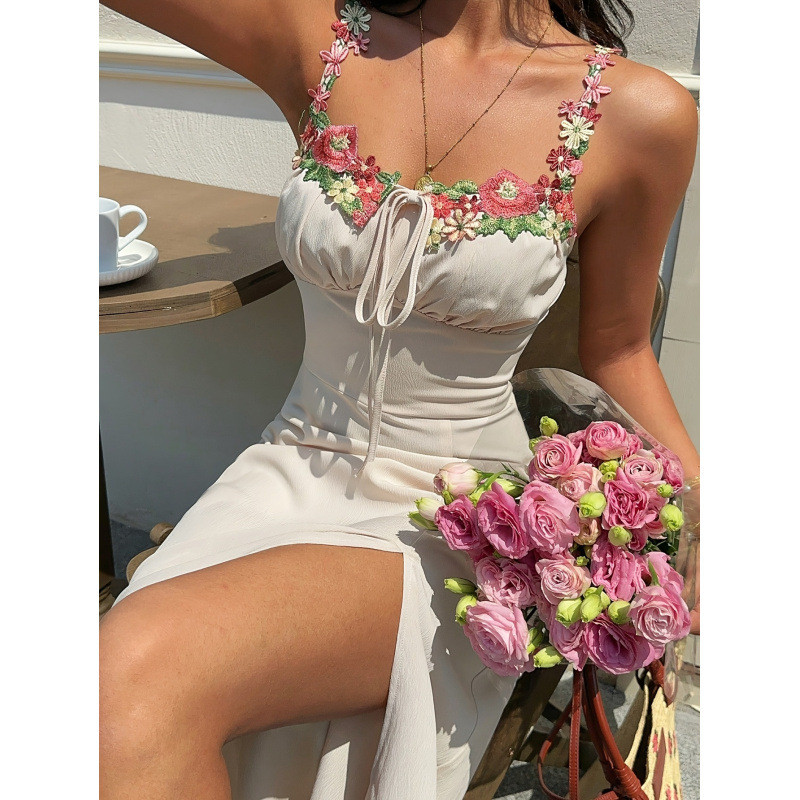 Floral Neck Patch Belted High Waist Slim Maxi Dress | Women Summer Street & Daily Outfit