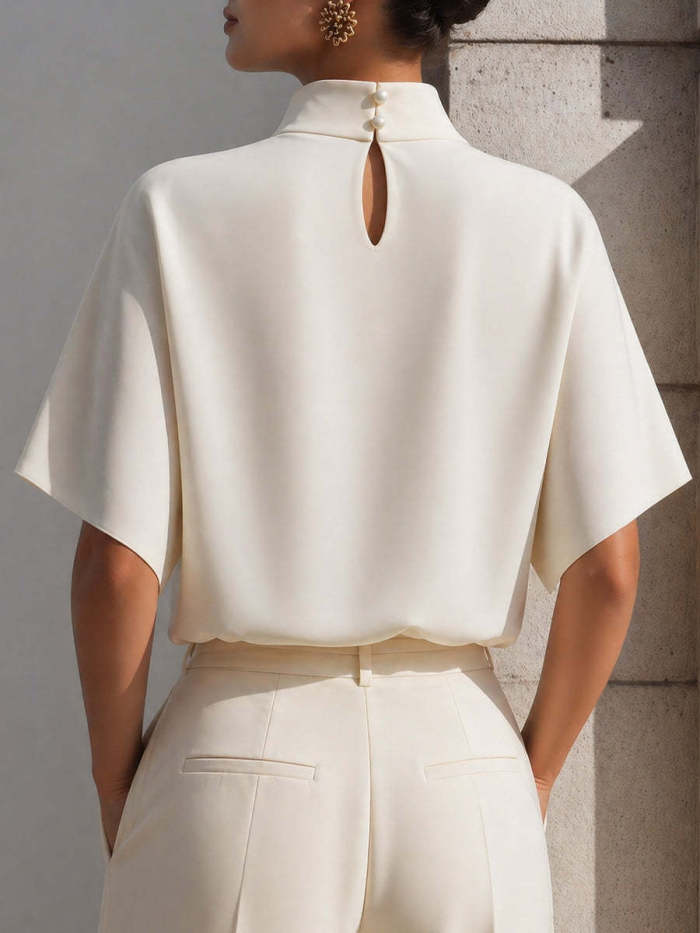 Elegant Commuter Stand Collar Short Sleeve Silk Polyester Shirt for Daily Office Wear
