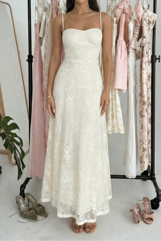 French Romantic Strapless Belted Lace A-Line Maxi Dress | Women Summer Street Elegant Outfit