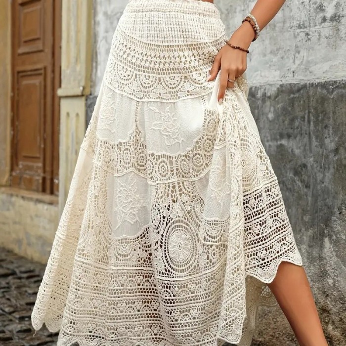 Bohemian Hollow Lace High Waist Wide Umbrella Skirt | Women Vacation Casual Bottom
