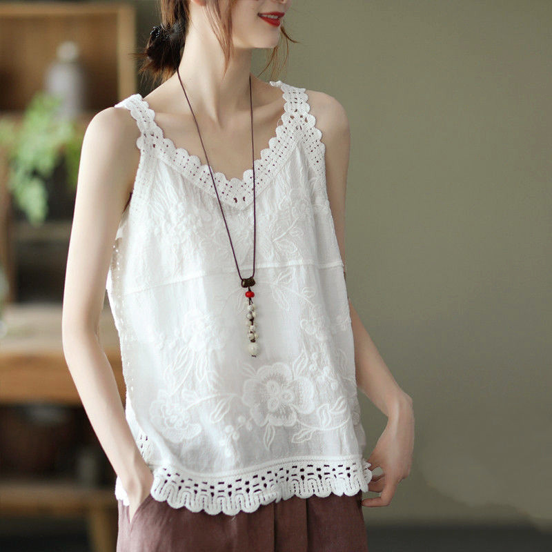 Ethnic V-Neck Sleeveless Loose Cotton Camisole | Women Summer Basic Layering Top