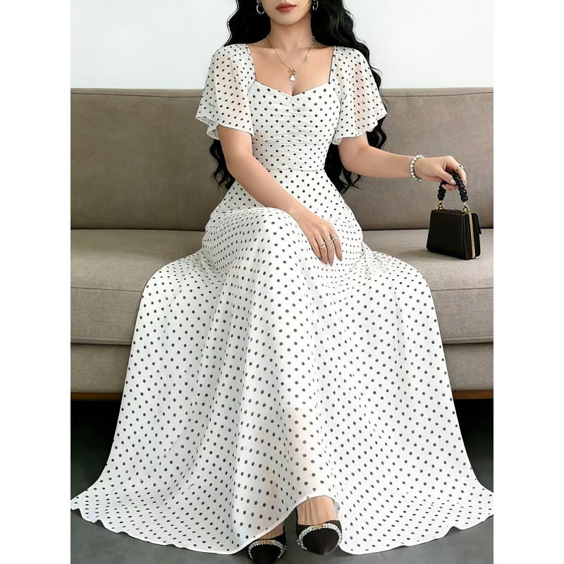 Short Sleeve Square Collar Polka Dot A-Line Maxi Dress | Women Summer Daily & Holiday Outfit