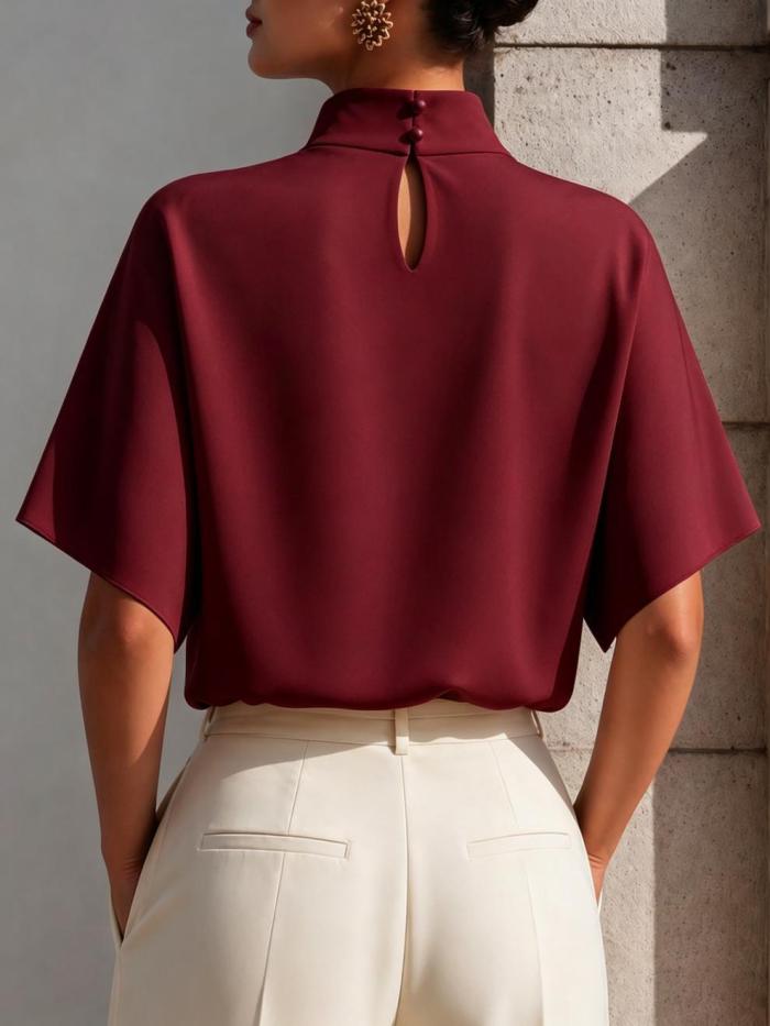 Elegant Commuter Stand Collar Short Sleeve Silk Polyester Shirt for Daily Office Wear