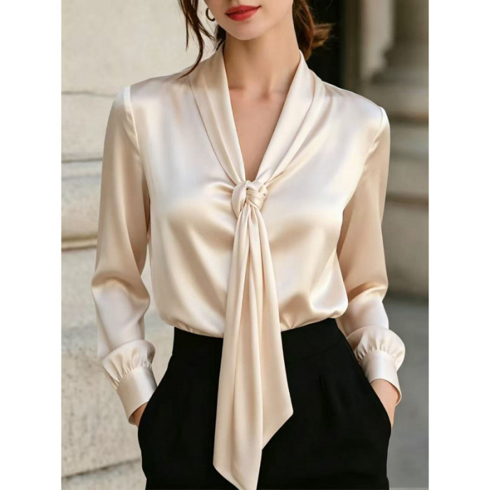 Vintage Lace-Up Long Sleeve Loose White Blouse | Women Commute Daily Top