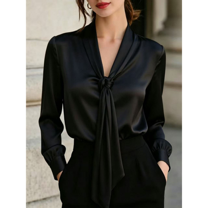Vintage Lace-Up Long Sleeve Loose White Blouse | Women Commute Daily Top