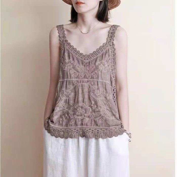 Ethnic V-Neck Sleeveless Loose Cotton Camisole | Women Summer Basic Layering Top