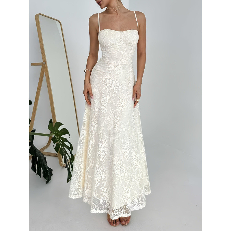 French Romantic Strapless Belted Lace A-Line Maxi Dress | Women Summer Street Elegant Outfit