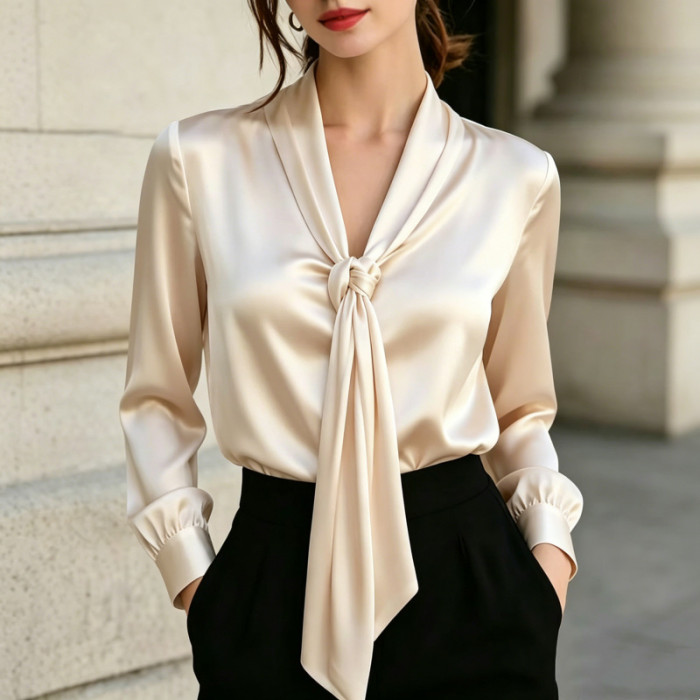 Vintage Lace-Up Long Sleeve Loose White Blouse | Women Commute Daily Top