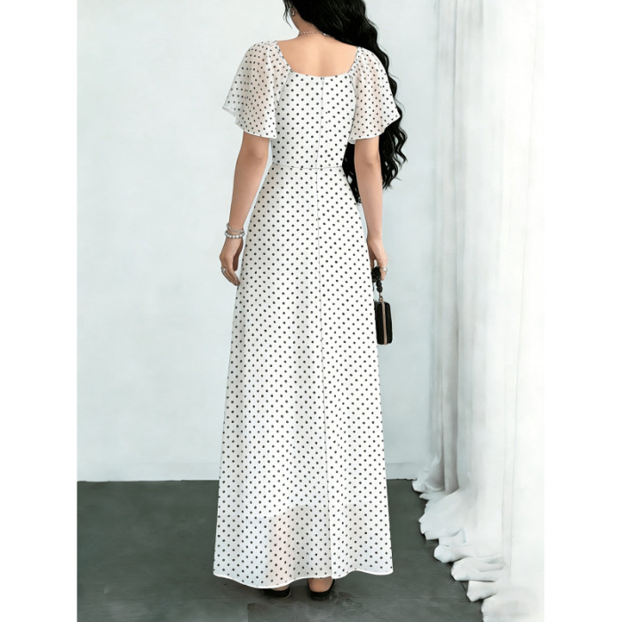 Short Sleeve Square Collar Polka Dot A-Line Maxi Dress | Women Summer Daily & Holiday Outfit