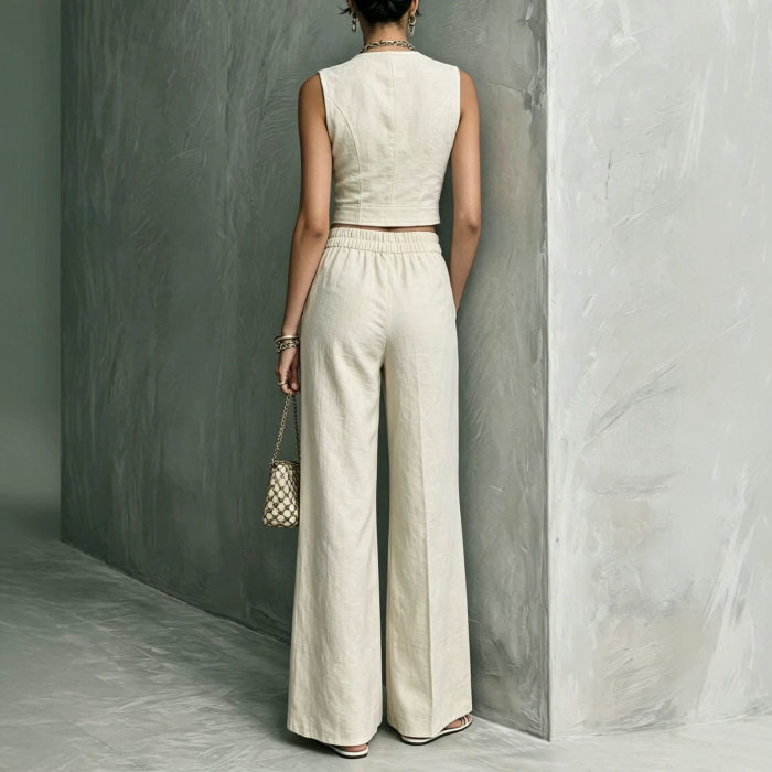 Solid Sleeveless Zip Tank Top & Straight Trousers Two Piece Set For Commuting Summer Casual